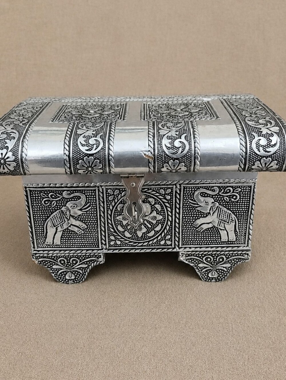 Vintage Silver Elephant Jewelry Box with Red Velvet Interior